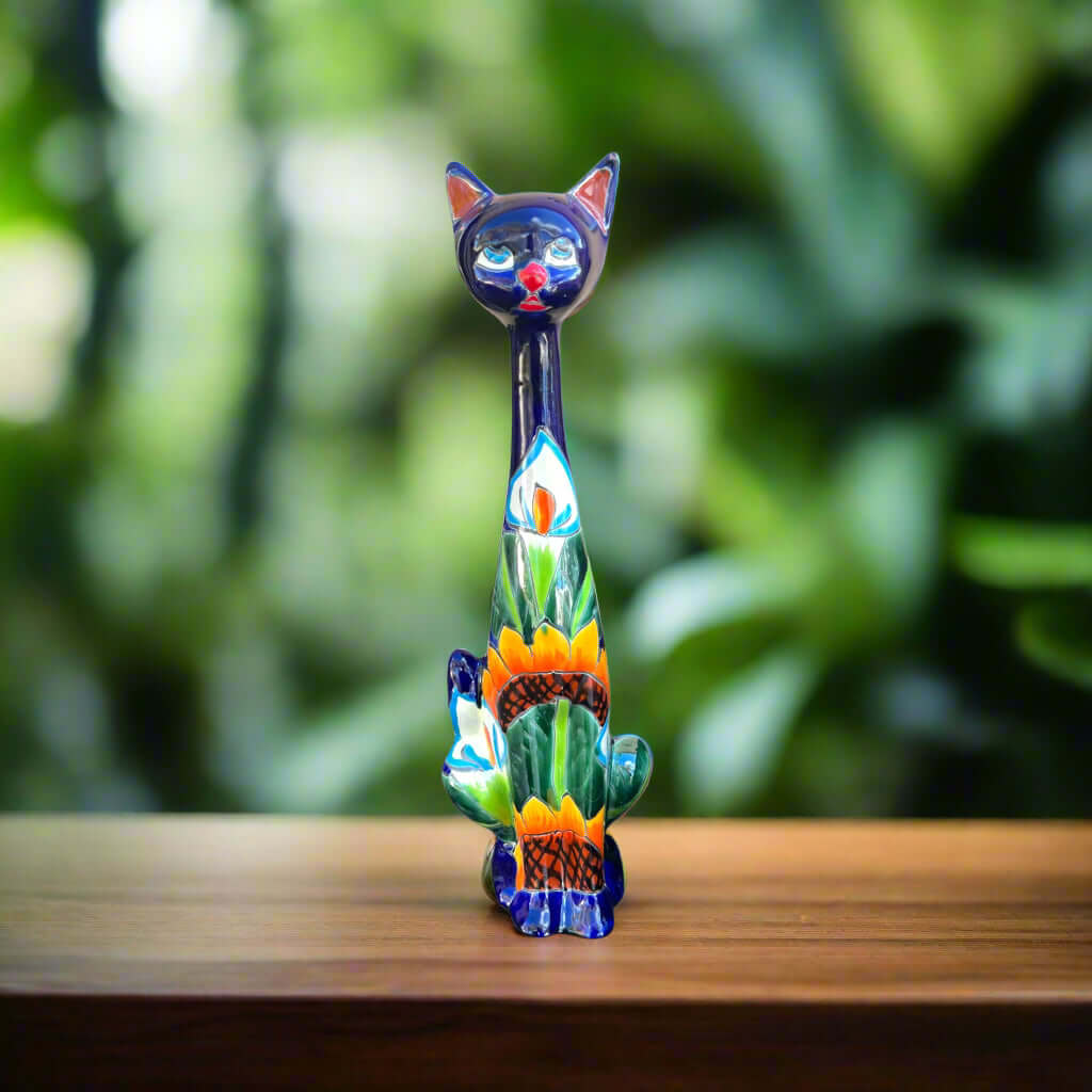 Tall Talavera Cat Statue | Handmade Mexican Sunflower Decor