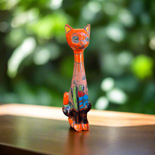 Tall Talavera Cat Statue | Mexican Terracotta Desert Design