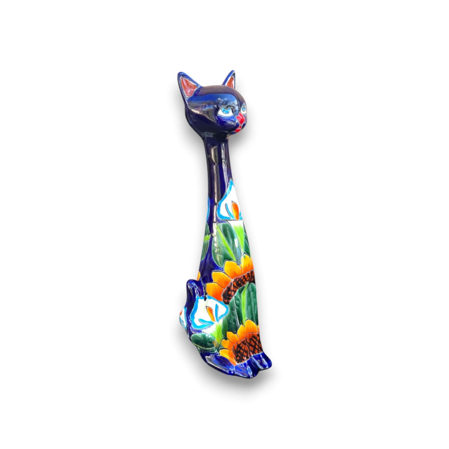 Tall Talavera Cat Statue | Handmade Mexican Sunflower Decor