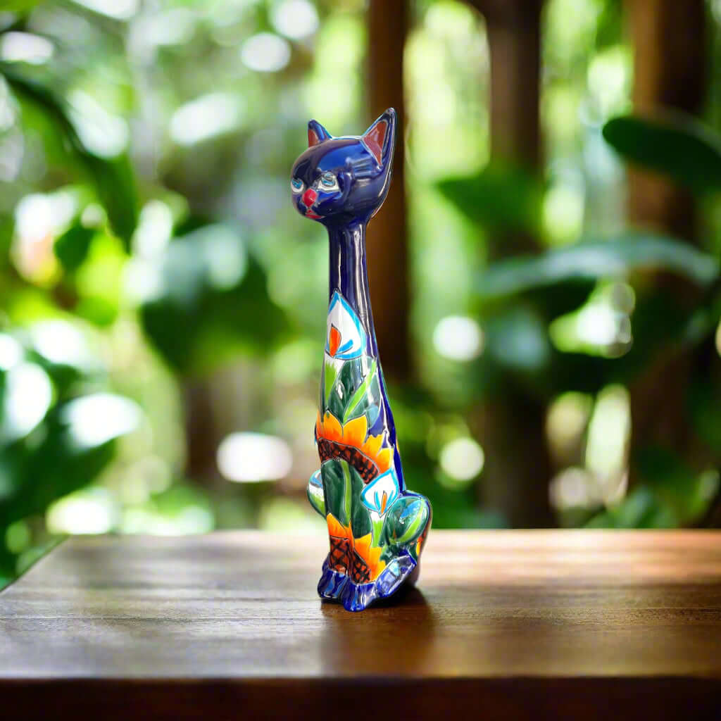 Tall Talavera Cat Statue | Handmade Mexican Sunflower Decor